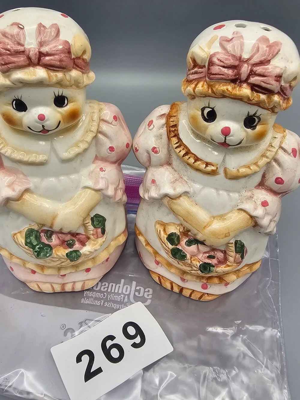 Vintage Ceramic Bear Salt and Pepper Shakers with Floral Basket Design